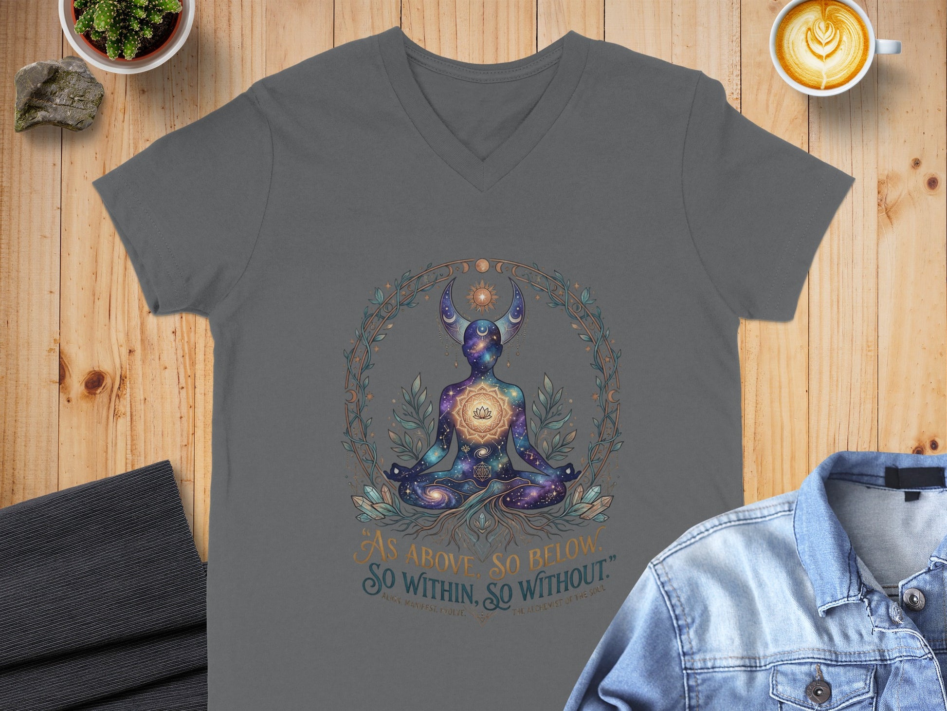 Gray t-shirt with cosmic meditating figure and quote "As above, so below. So within, so without."