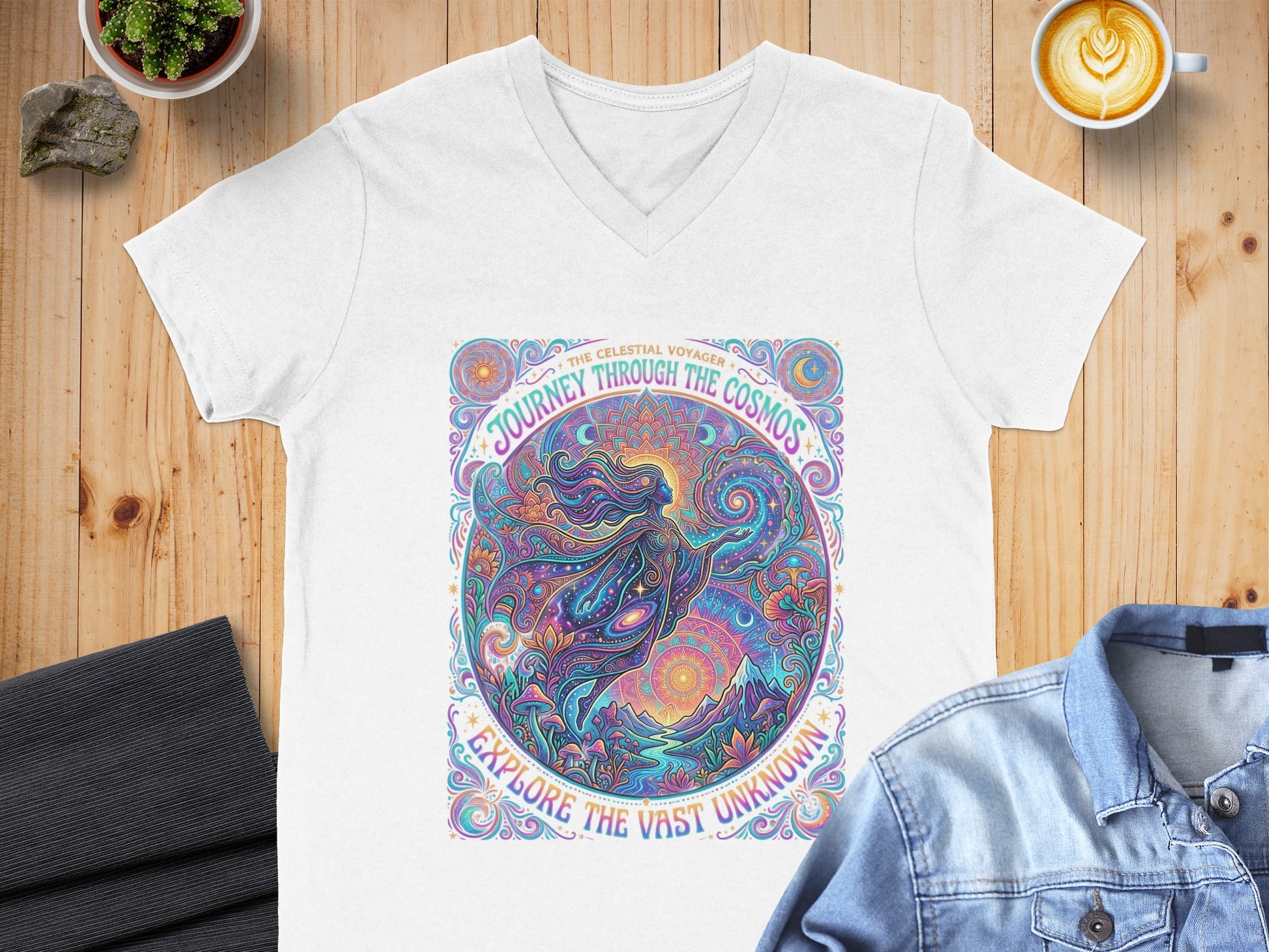 White v-neck t-shirt with psychedelic celestial design: "Journey Through The Cosmos".
