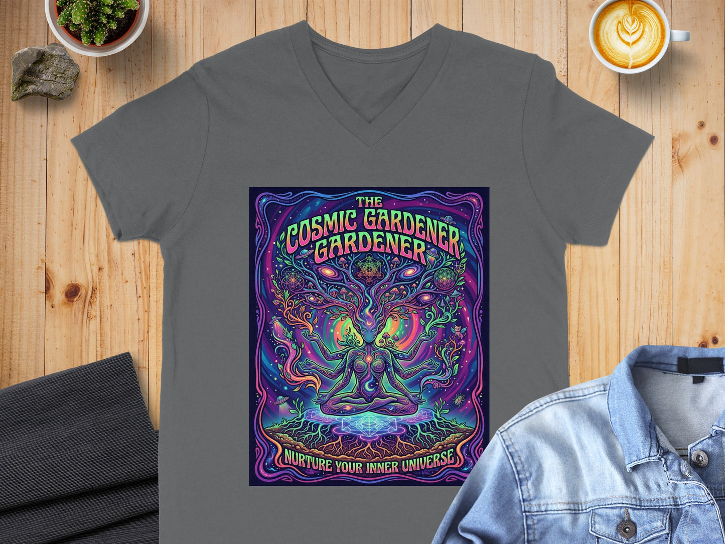 Cosmic Gardener t-shirt design with meditative figure and cosmic tree.