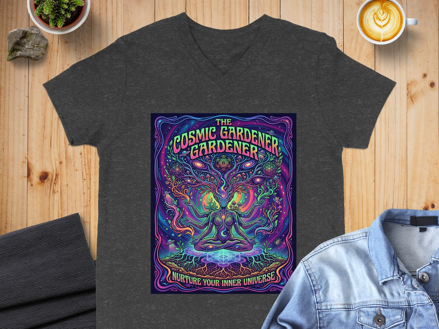 Cosmic Gardener t-shirt with psychedelic art and mantra "Nurture Your Inner Universe."