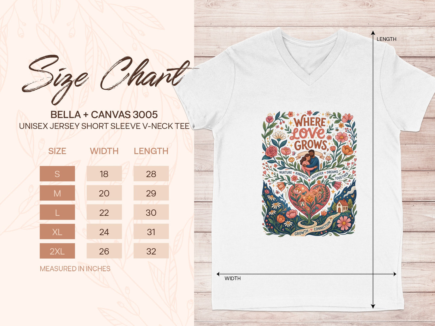 Size chart for Bella + Canvas 3005 unisex v-neck tee with measurement details.