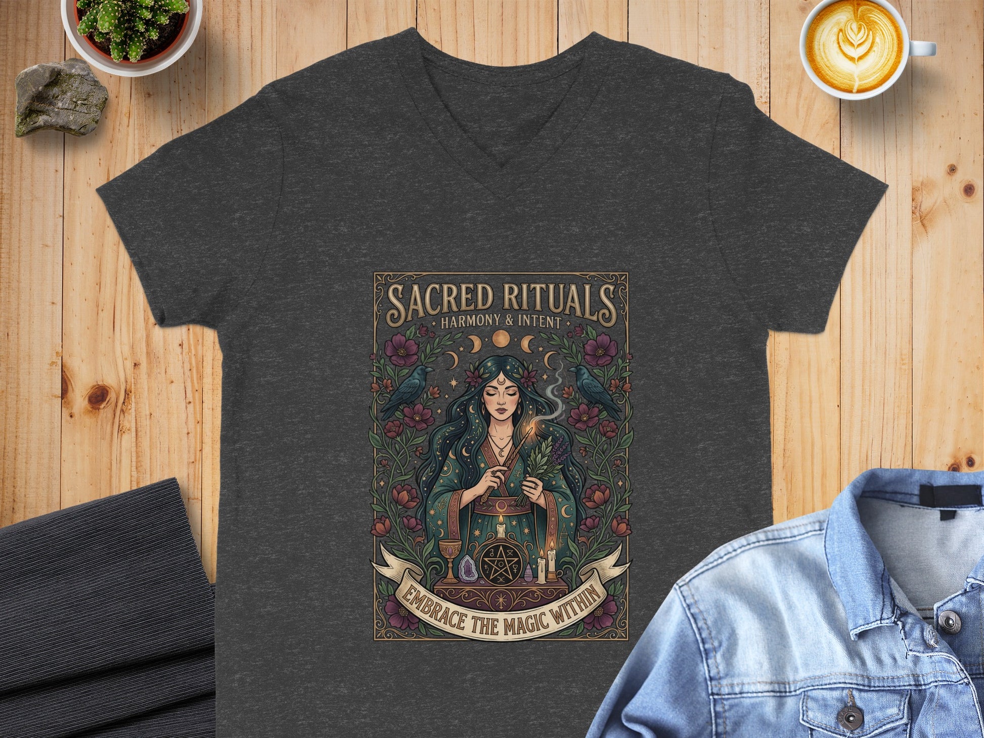Dark grey v-neck t-shirt with "Sacred Rituals" and celestial-inspired witch graphic.