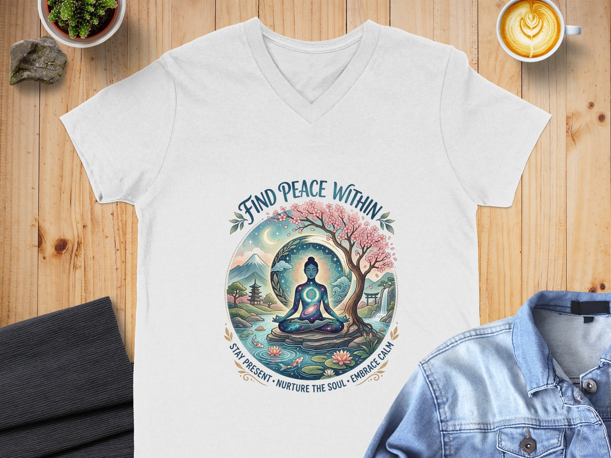 White V-neck t-shirt with circular meditation graphic: "Find Peace Within".