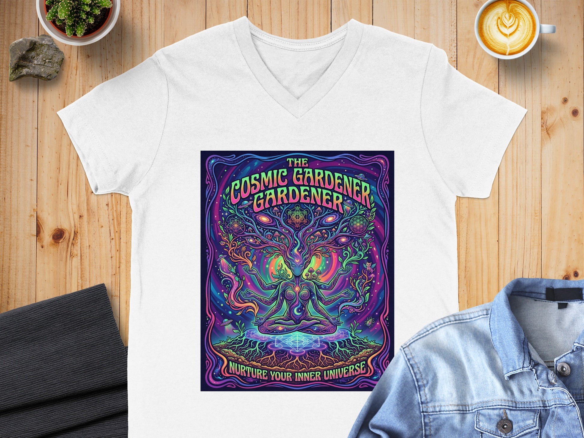 White t-shirt with "The Cosmic Gardener" and "Nurture Your Inner Universe" graphic.