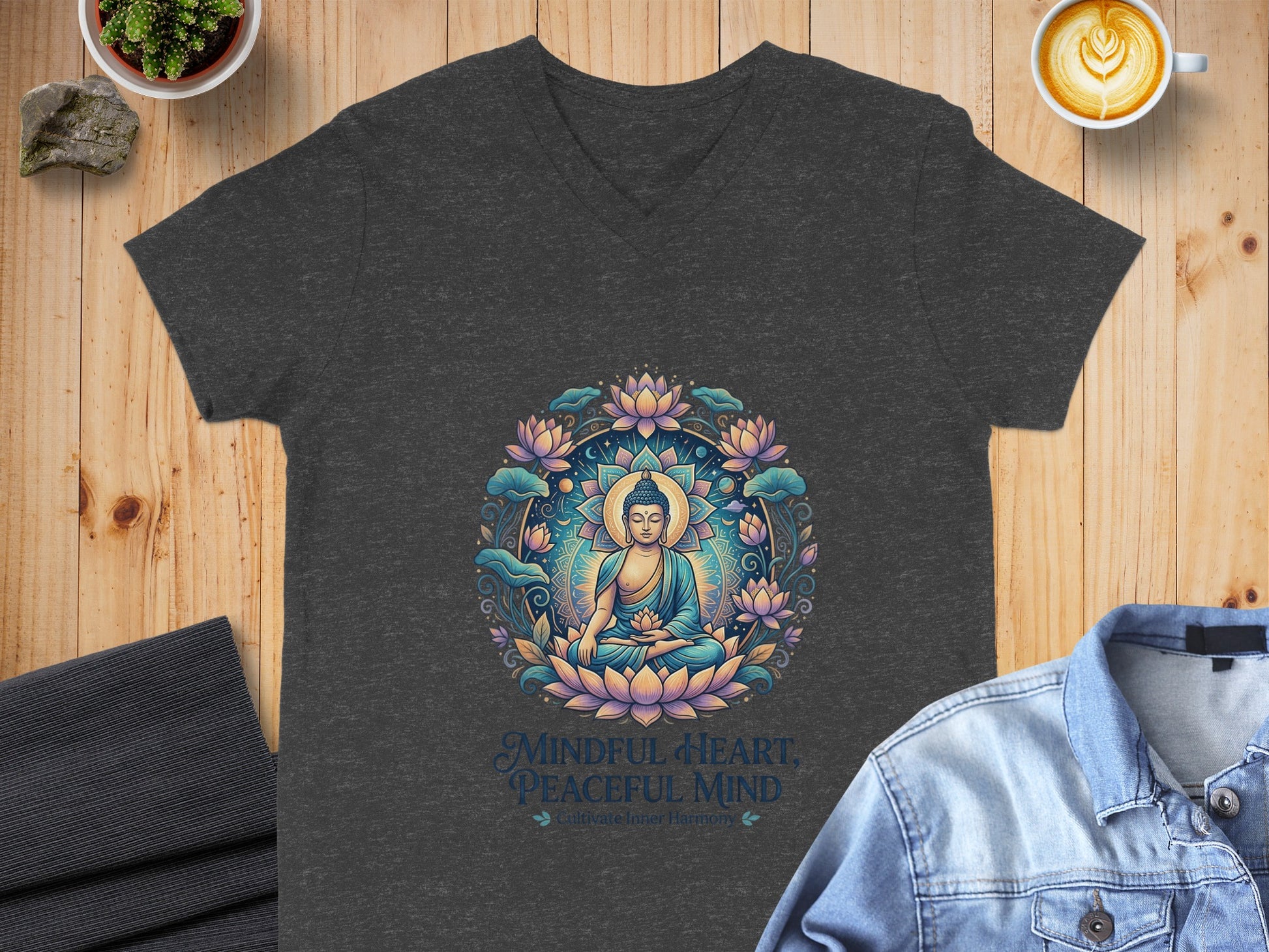 Dark grey v-neck t-shirt with Buddha and lotus flowers design.