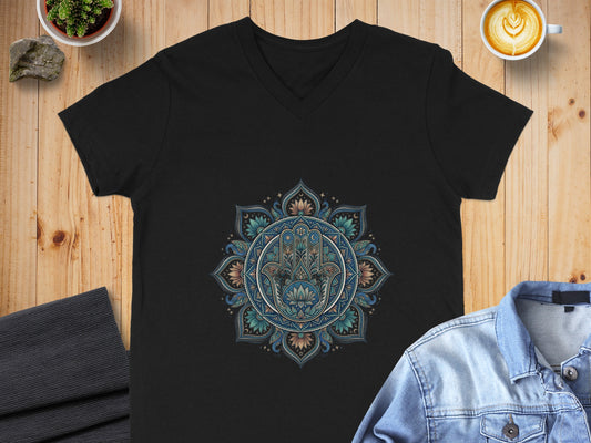 Black v-neck t-shirt with Hamsa Hand mandala graphic.