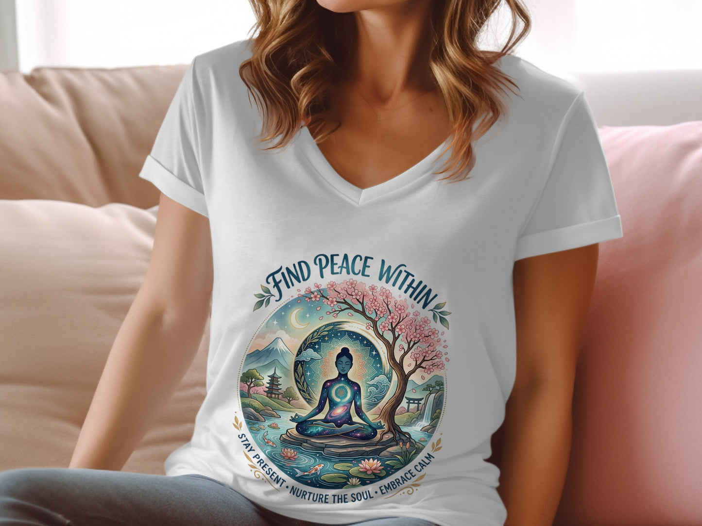 Woman wearing a white t-shirt with "FIND PEACE WITHIN" and meditating Buddha graphic.