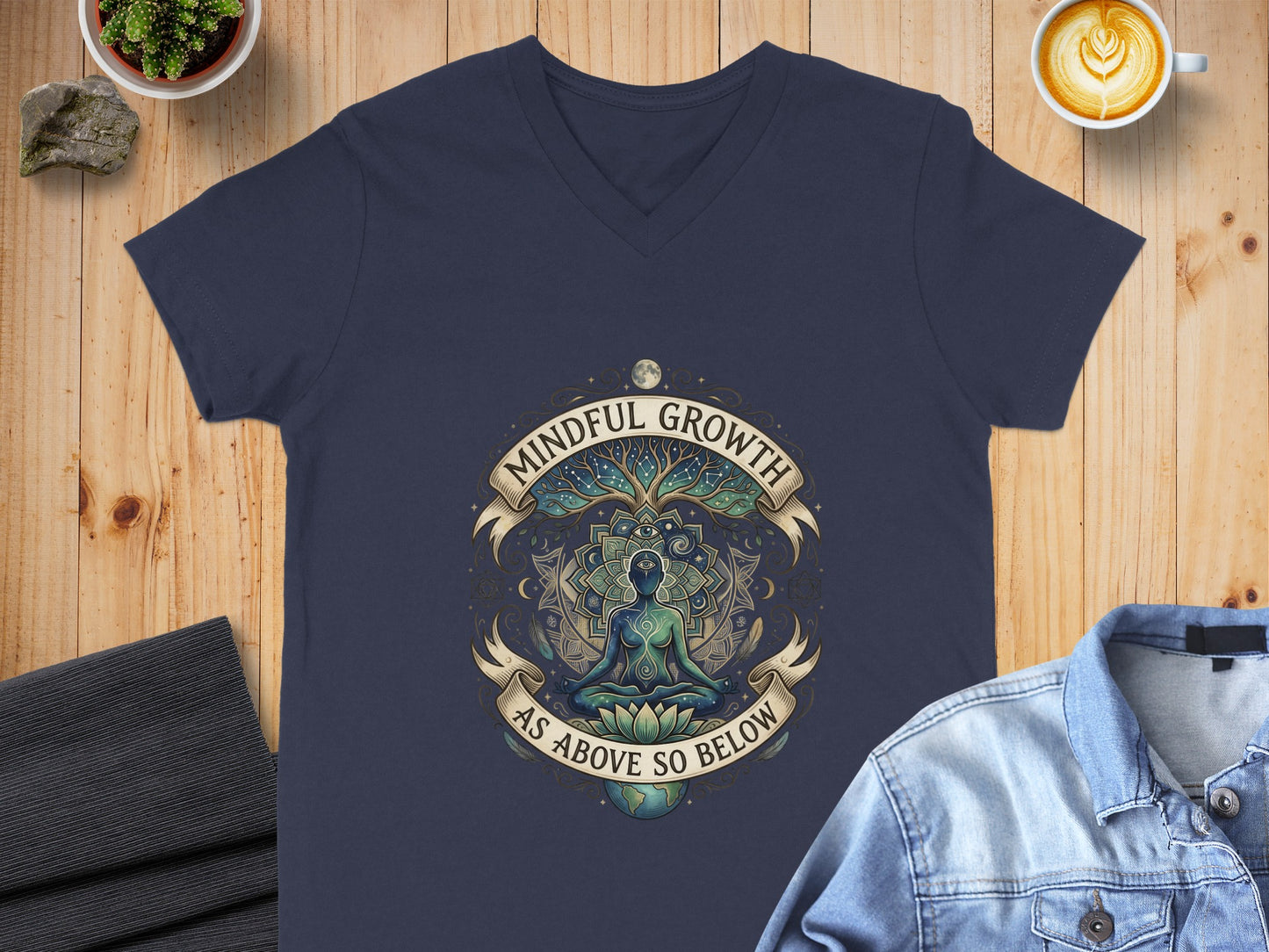 Navy v-neck t-shirt with "Mindful Growth As Above So Below" circular graphic.