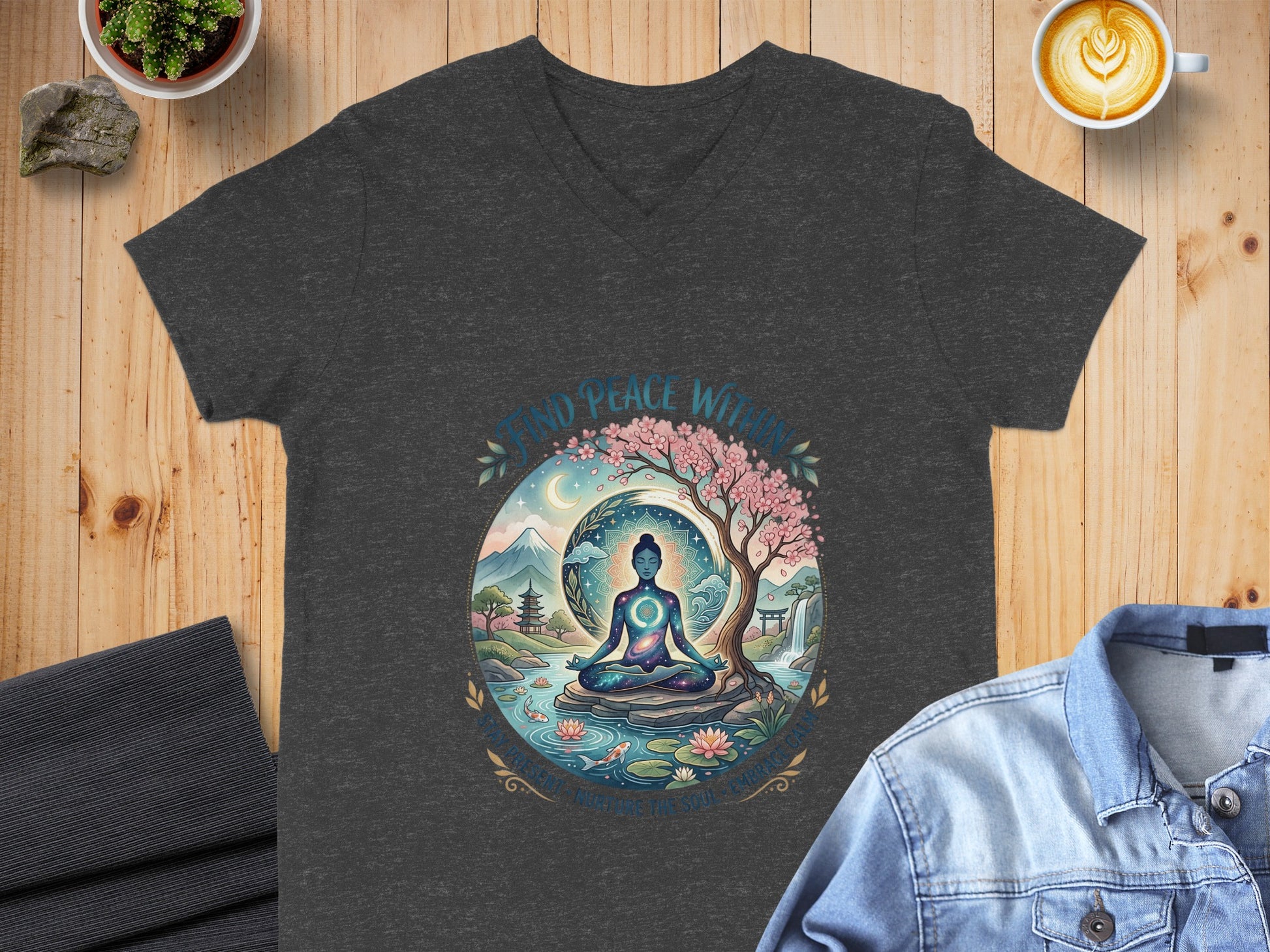 Dark t-shirt with a circular mandala design of a meditating figure under a tree, with mountains and waterfalls.