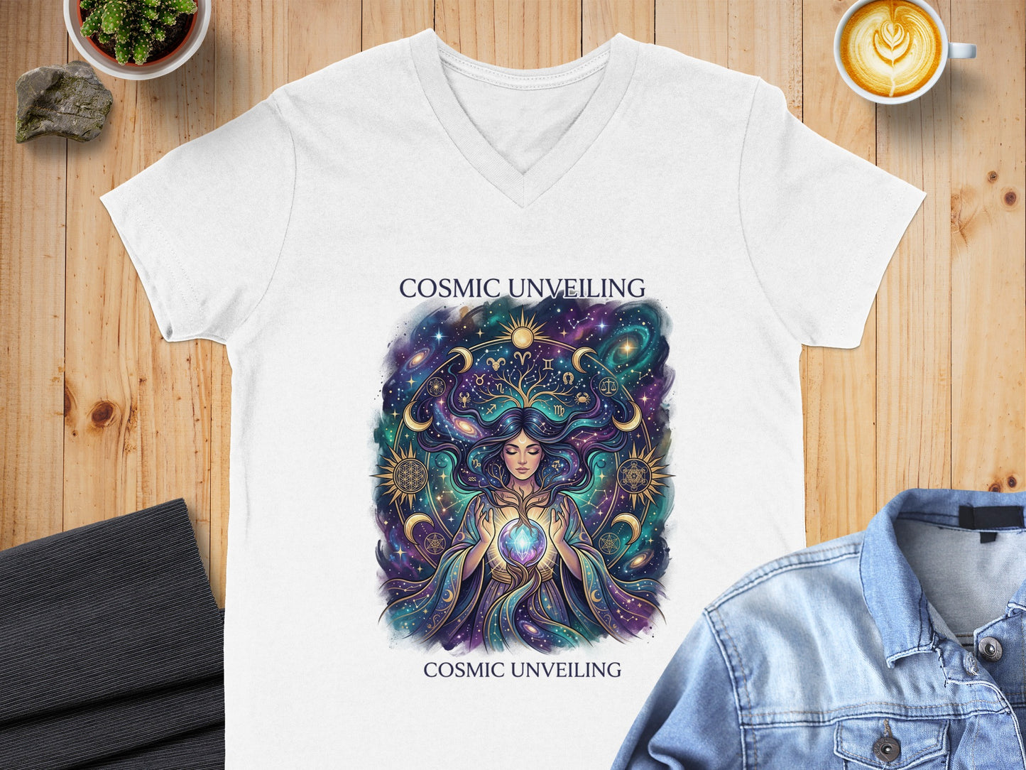 White v-neck t-shirt featuring celestial woman with stars and astrology symbols, "Cosmic Unveiling" text.