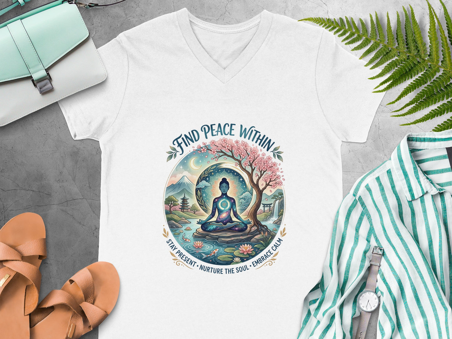 White t-shirt with serene meditation scene, cherry blossom tree, moon, mountains, and text.
