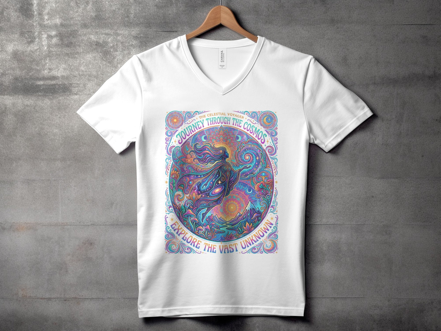 White t-shirt with celestial voyage graphic: "Journey Through the Cosmos," "Explore the Vast Unknown."