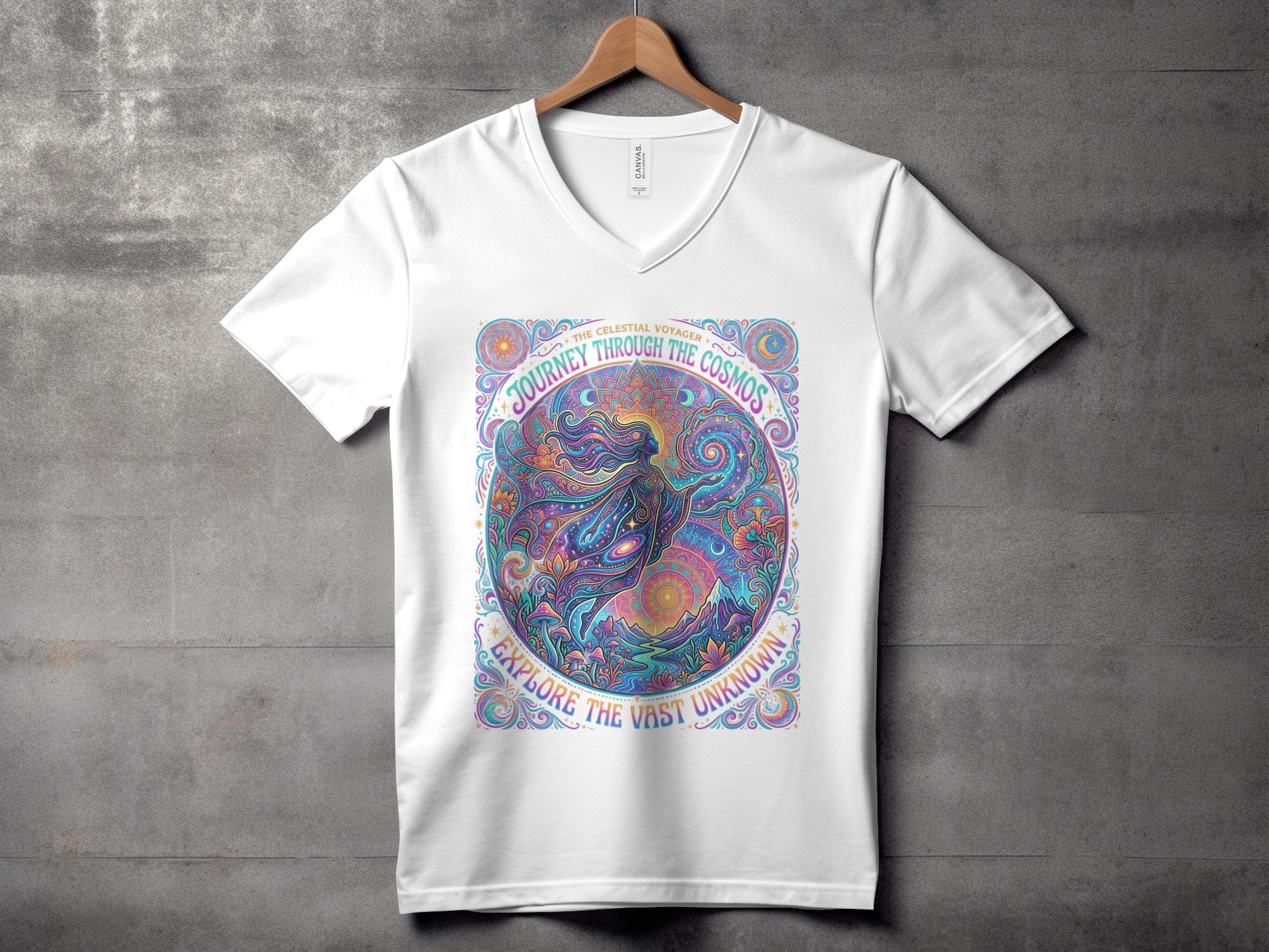 White t-shirt with celestial voyage graphic: "Journey Through the Cosmos," "Explore the Vast Unknown."