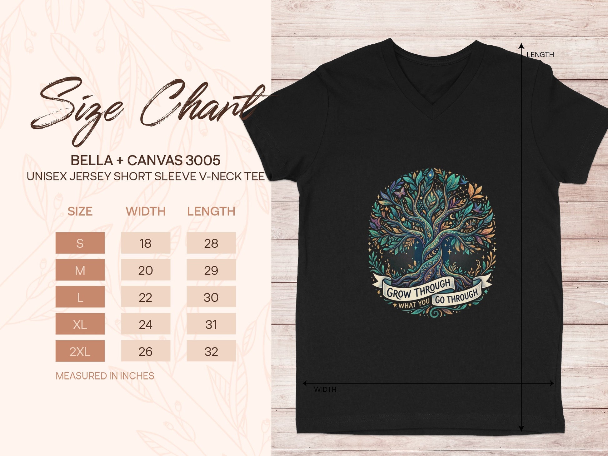 Unisex Bella+Canvas 3005 size chart with measurements and graphic tee.
