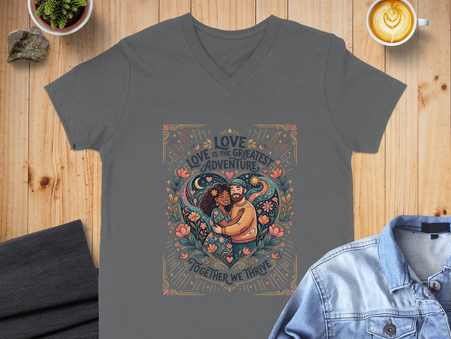 Graphic tee with a colorful heart design featuring a couple and floral elements.
