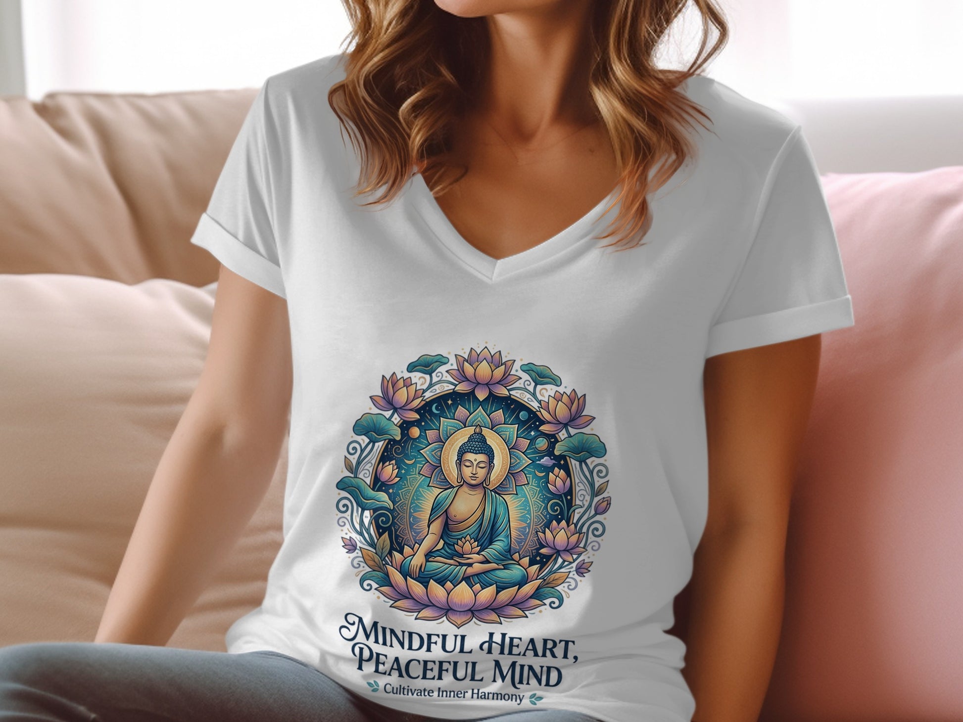 Woman in white v-neck shirt with Buddha and lotus flower graphic.
