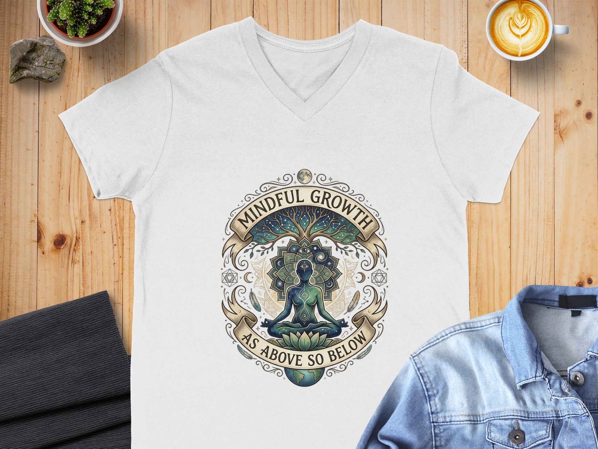 White v-neck t-shirt with "Mindful Growth As Above So Below" graphic.