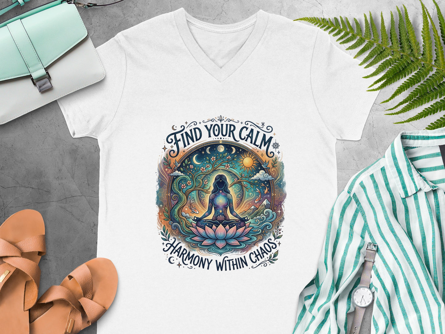 White v-neck t-shirt with "Find Your Calm" and "Harmony Within Chaos" text and a meditating figure.