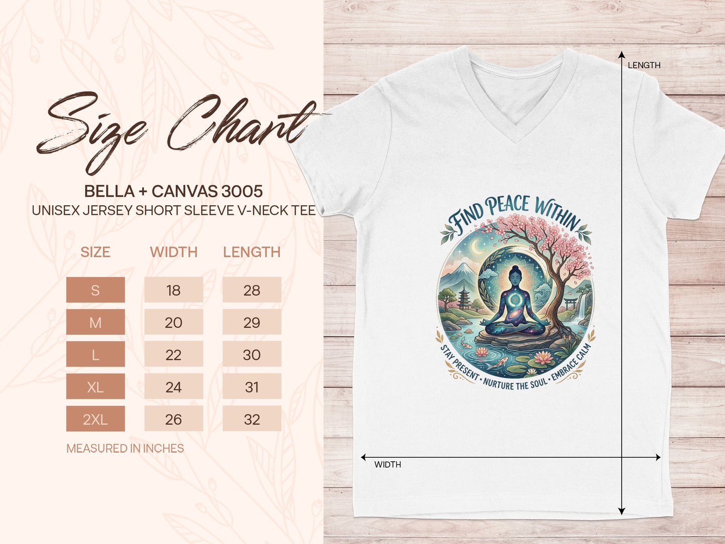 Bella+Canvas size chart for unisex v-neck t-shirt with inspirational graphic.