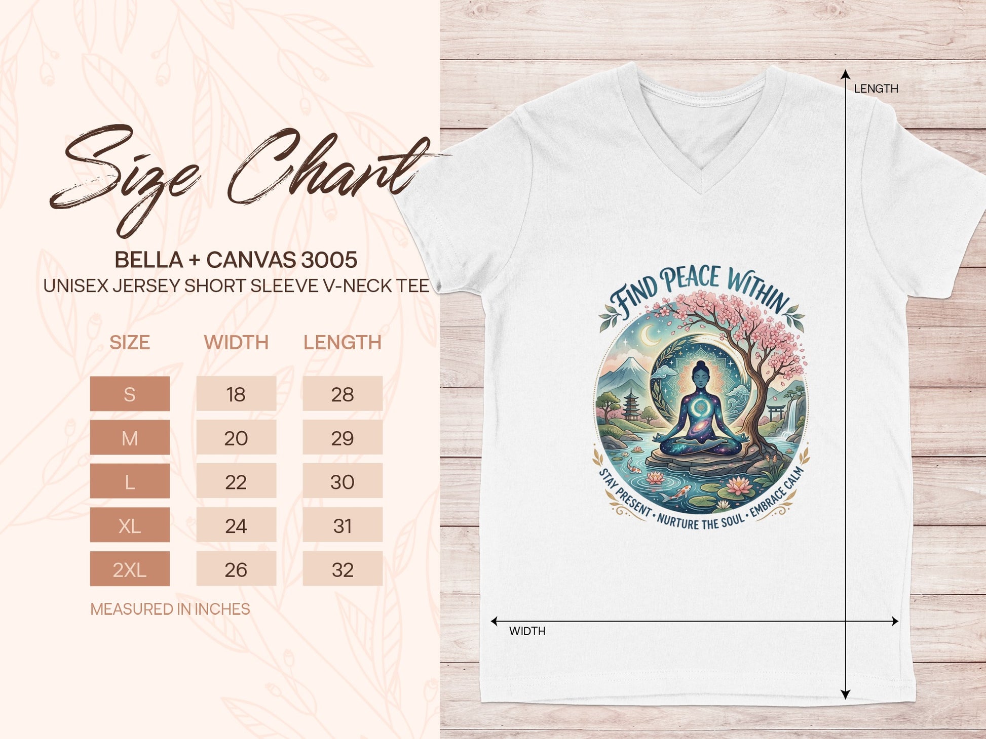 Bella+Canvas size chart for unisex v-neck t-shirt with inspirational graphic.