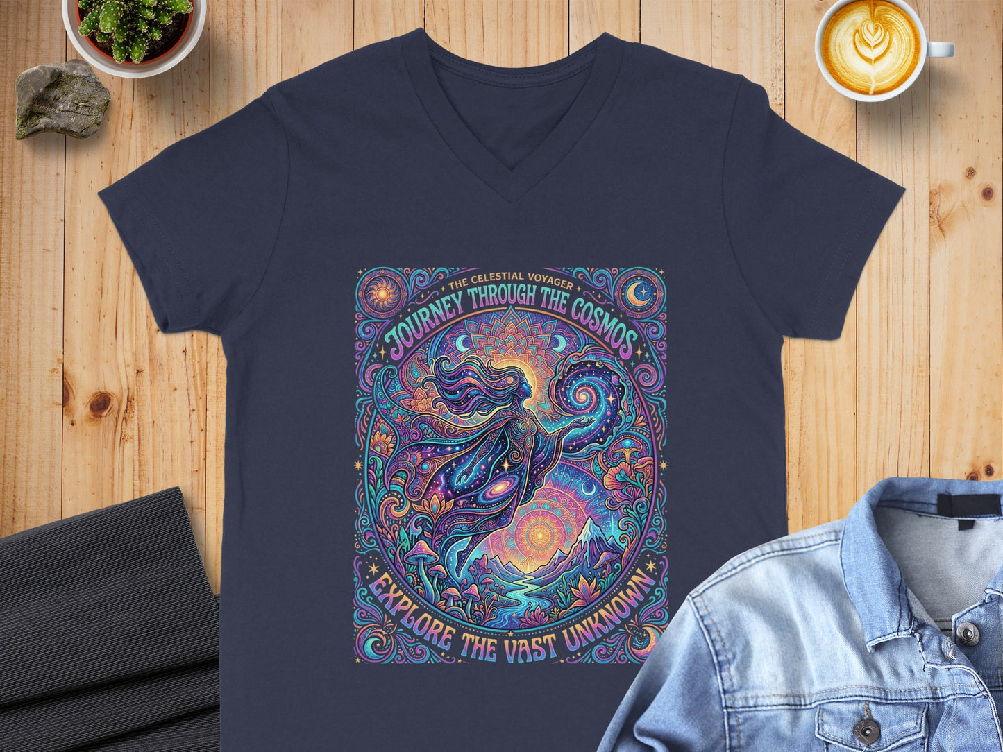 Navy t-shirt with vibrant celestial voyager graphic and text.