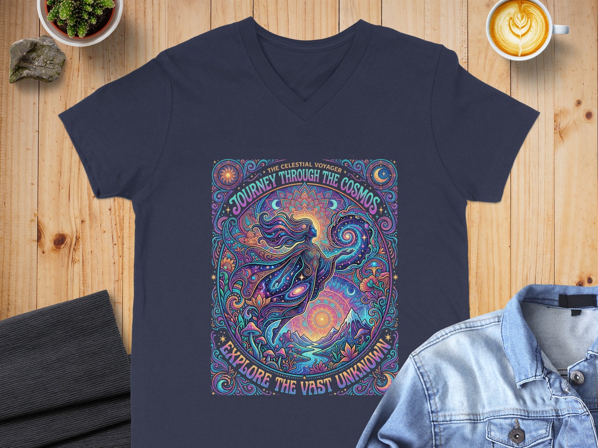 Navy t-shirt with vibrant celestial voyager graphic and text.