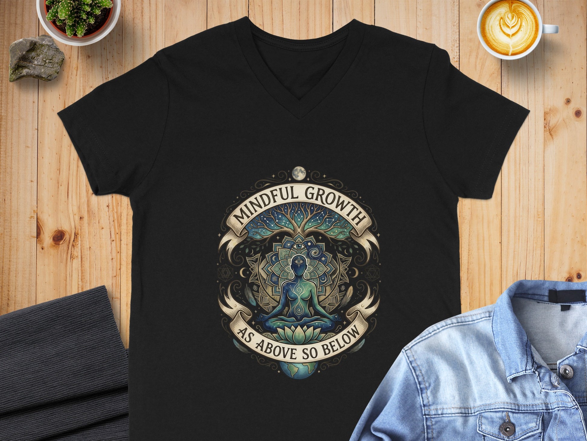 Black t-shirt with "Mindful Growth As Above So Below" circular graphic of a meditating figure.