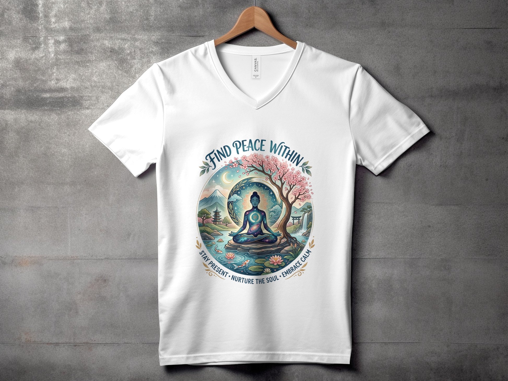 White V-neck t-shirt with celestial meditating figure and mountains design.
