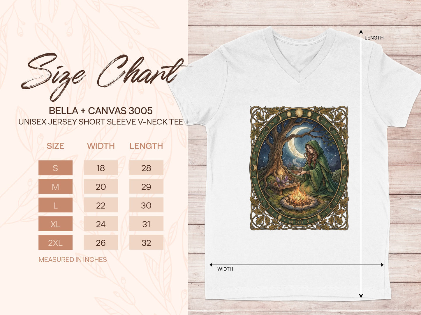Size chart for a unisex v-neck tee, showing measurements in inches.