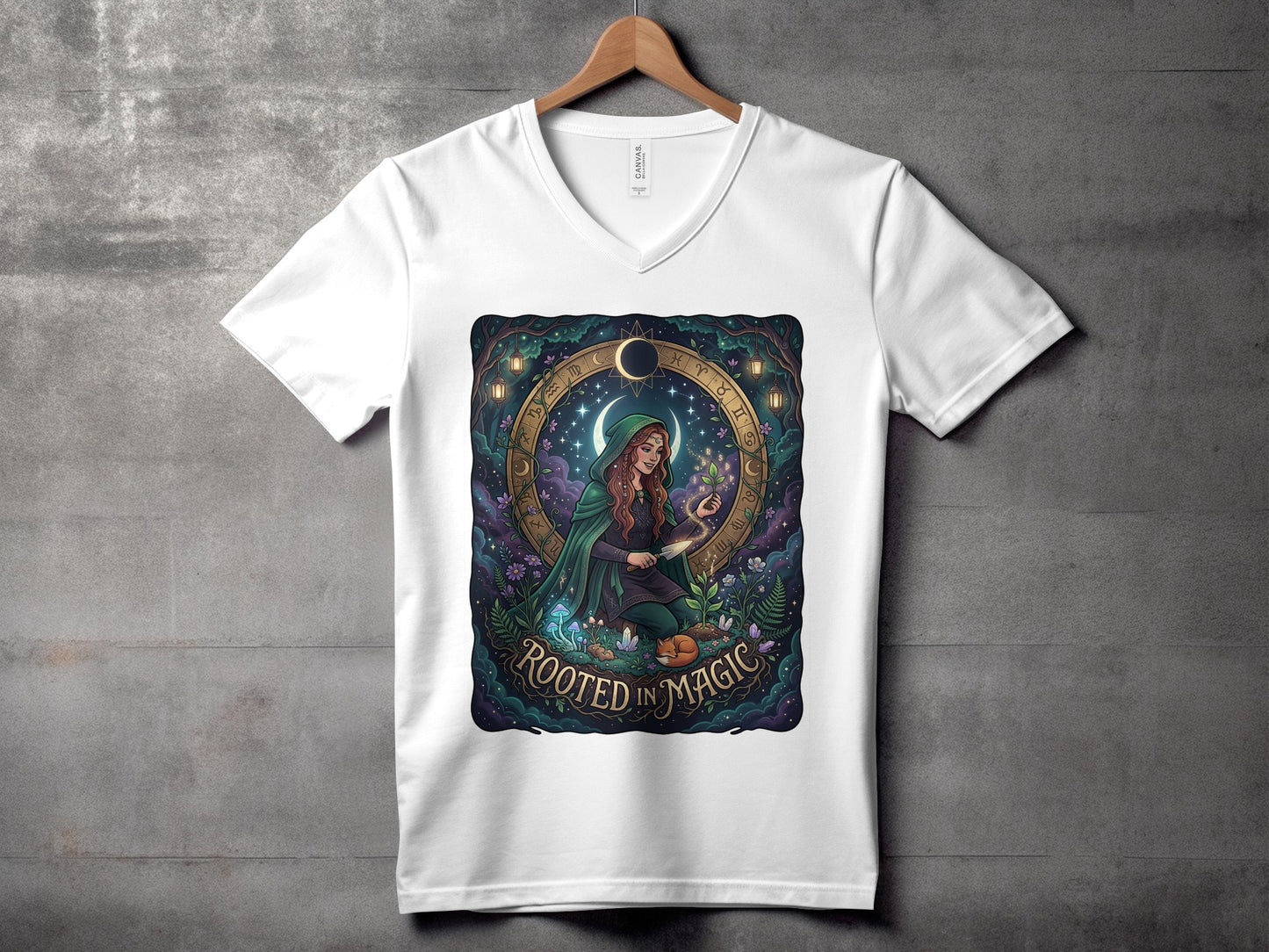 Woman in green cloak with plants under a moonlit celestial sky, "Rooted in Magic" text.