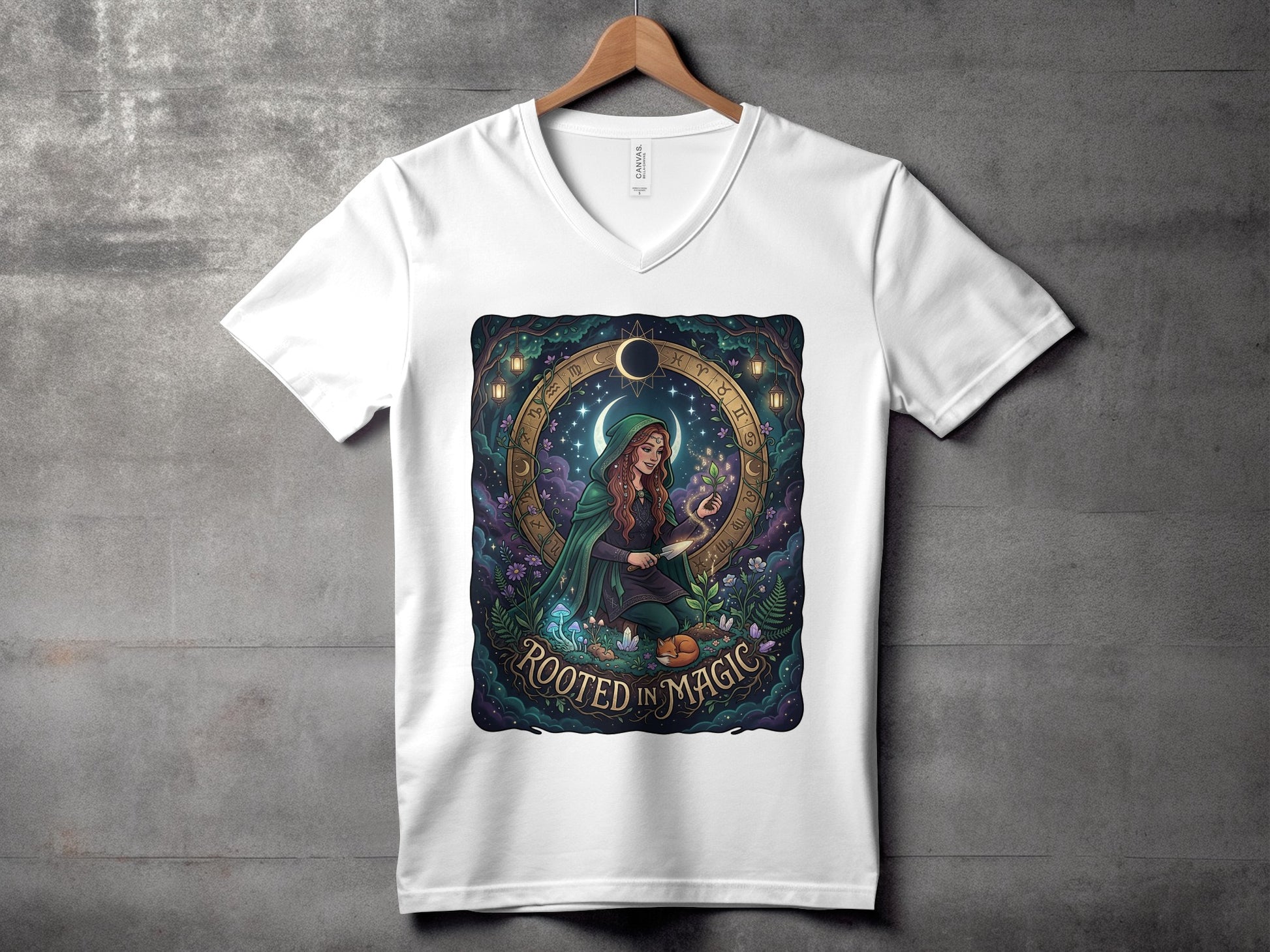 Woman in green cloak with plants under a moonlit celestial sky, "Rooted in Magic" text.