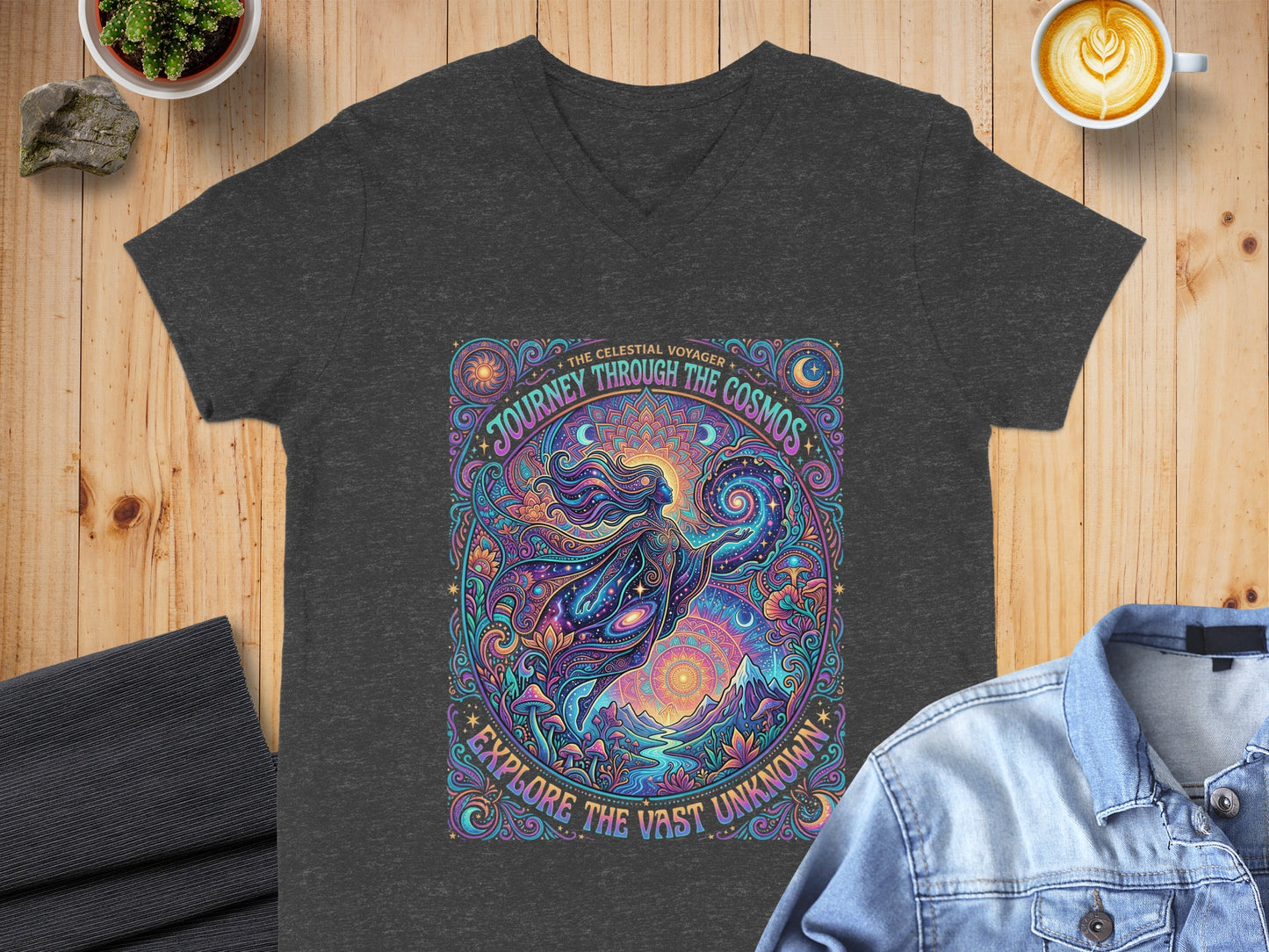 Dark gray t-shirt with a colorful cosmic woman and text "Journey Through the Cosmos".