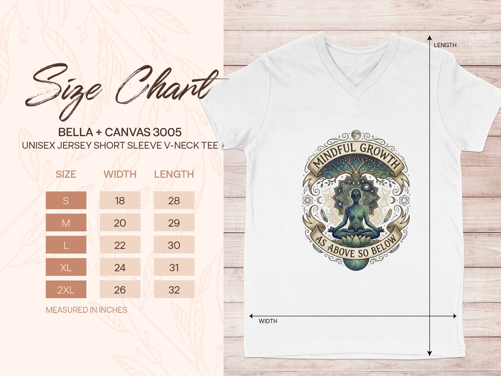 Bella + Canvas 3005 unisex v-neck size chart with 'Mindful Growth' graphic.