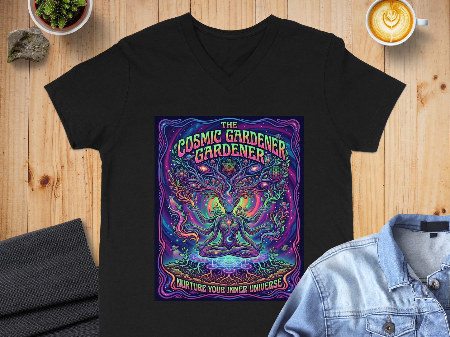 Black t-shirt with colorful psychedelic art featuring a meditating figure and the text "The Cosmic Gardener".
