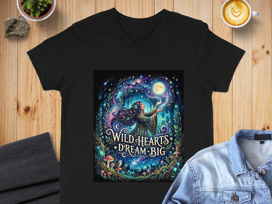 Black t-shirt with "WILD HEARTS DREAM BIG" text and a mystical forest moon scene.