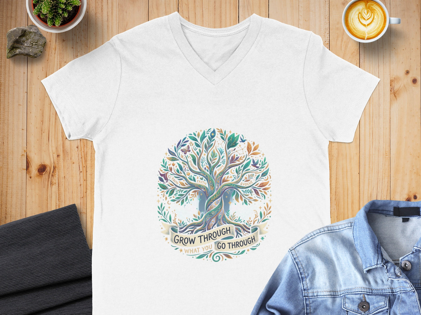 White t-shirt with colorful tree of life graphic and text.
