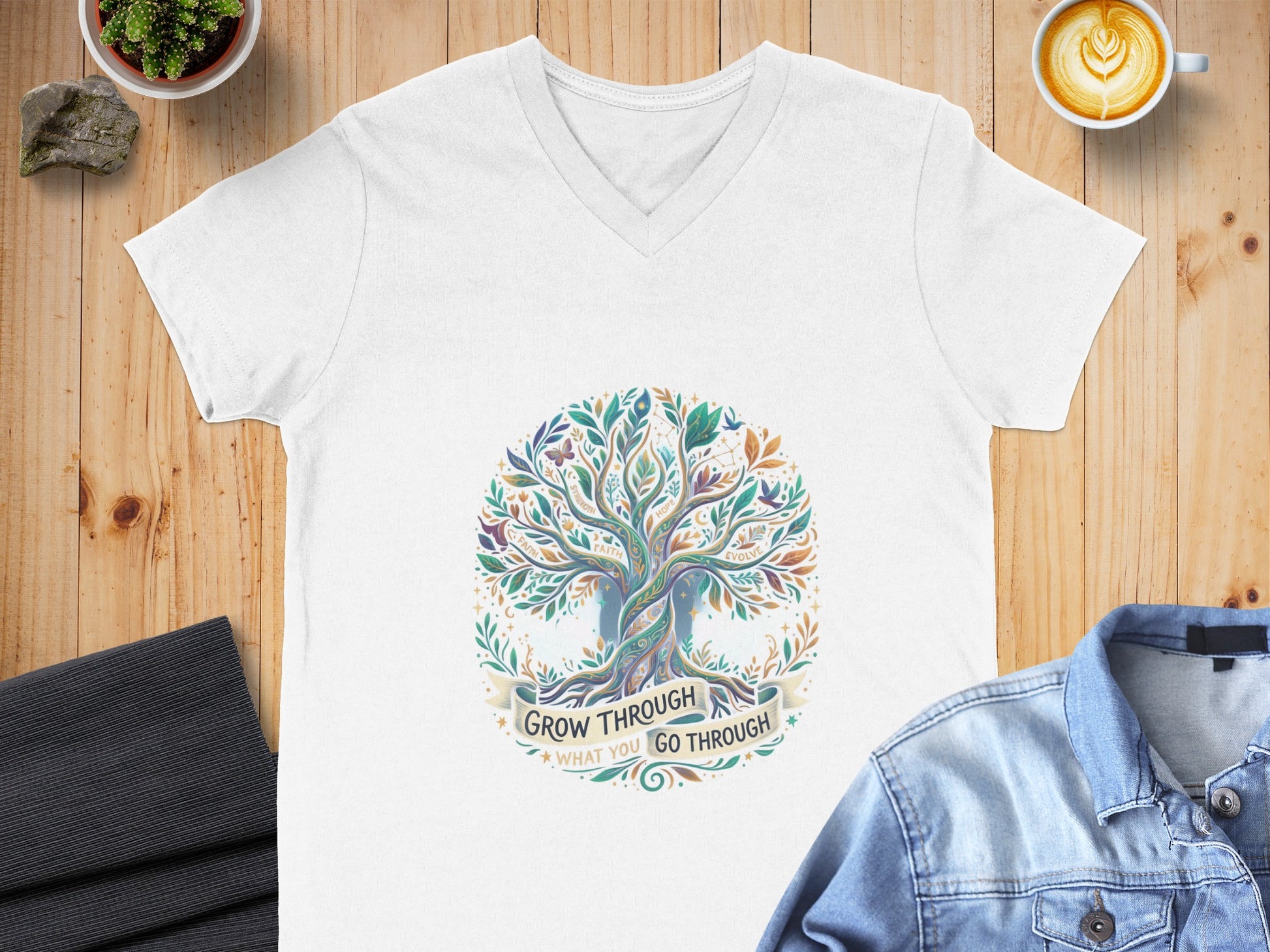 White t-shirt with colorful tree of life graphic and text.