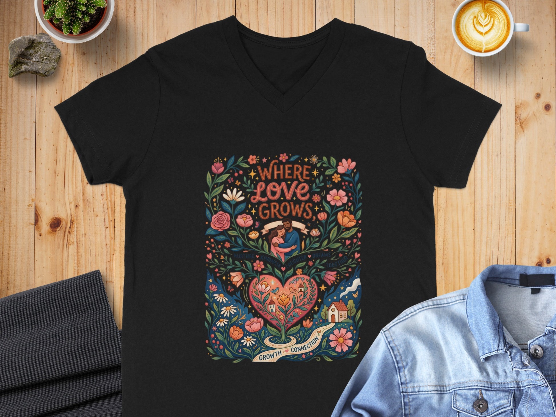 Black t-shirt with floral heart design featuring couple and text "Where Love Grows".