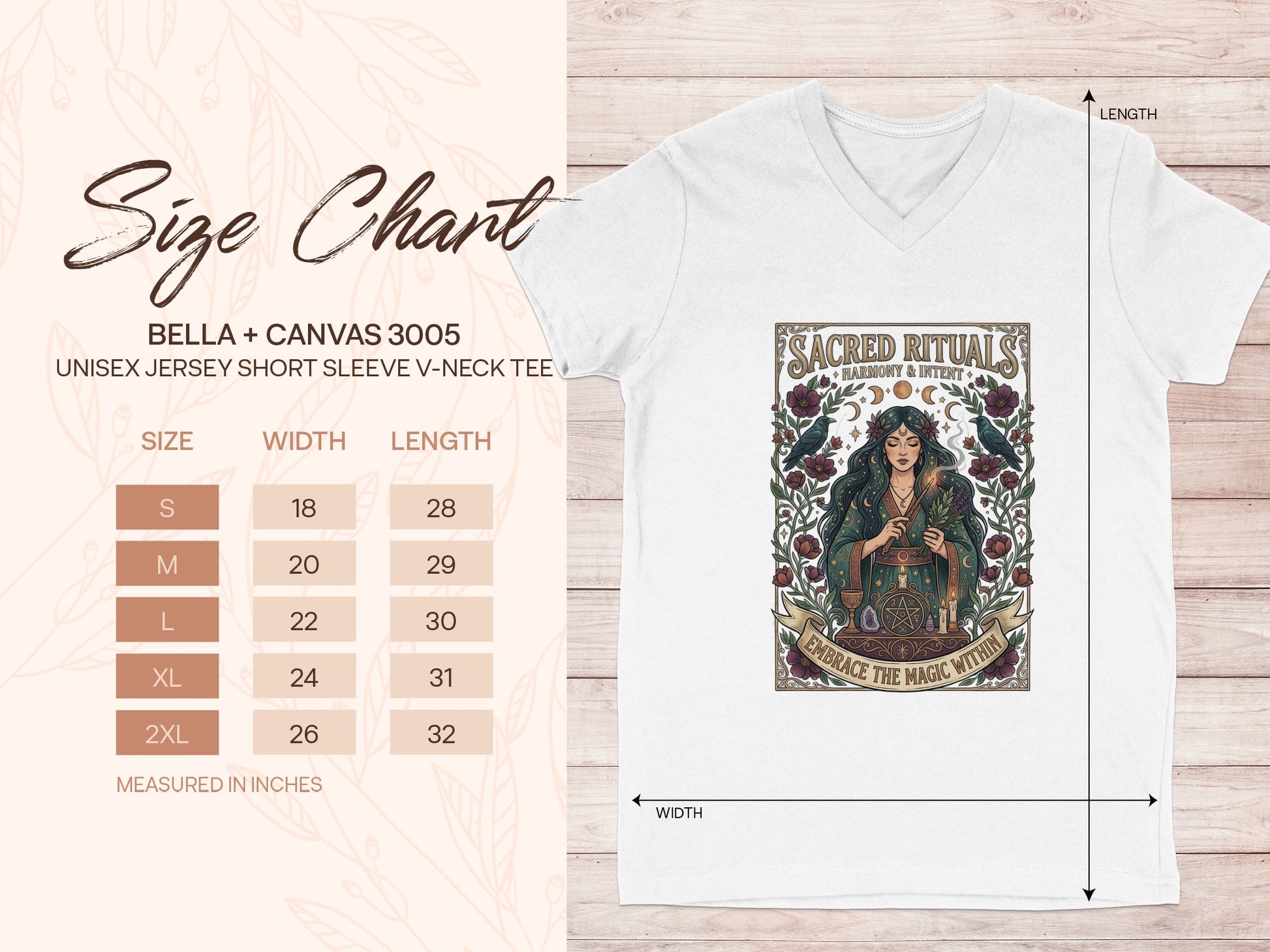 BELLA+CANVAS 3005 size chart for unisex v-neck tee, measured in inches.