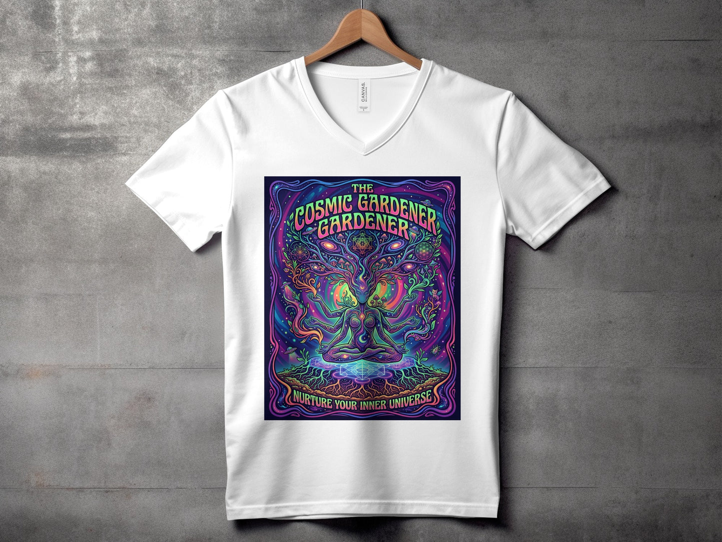 White t-shirt with "The Cosmic Gardener" and psychedelic tree artwork.