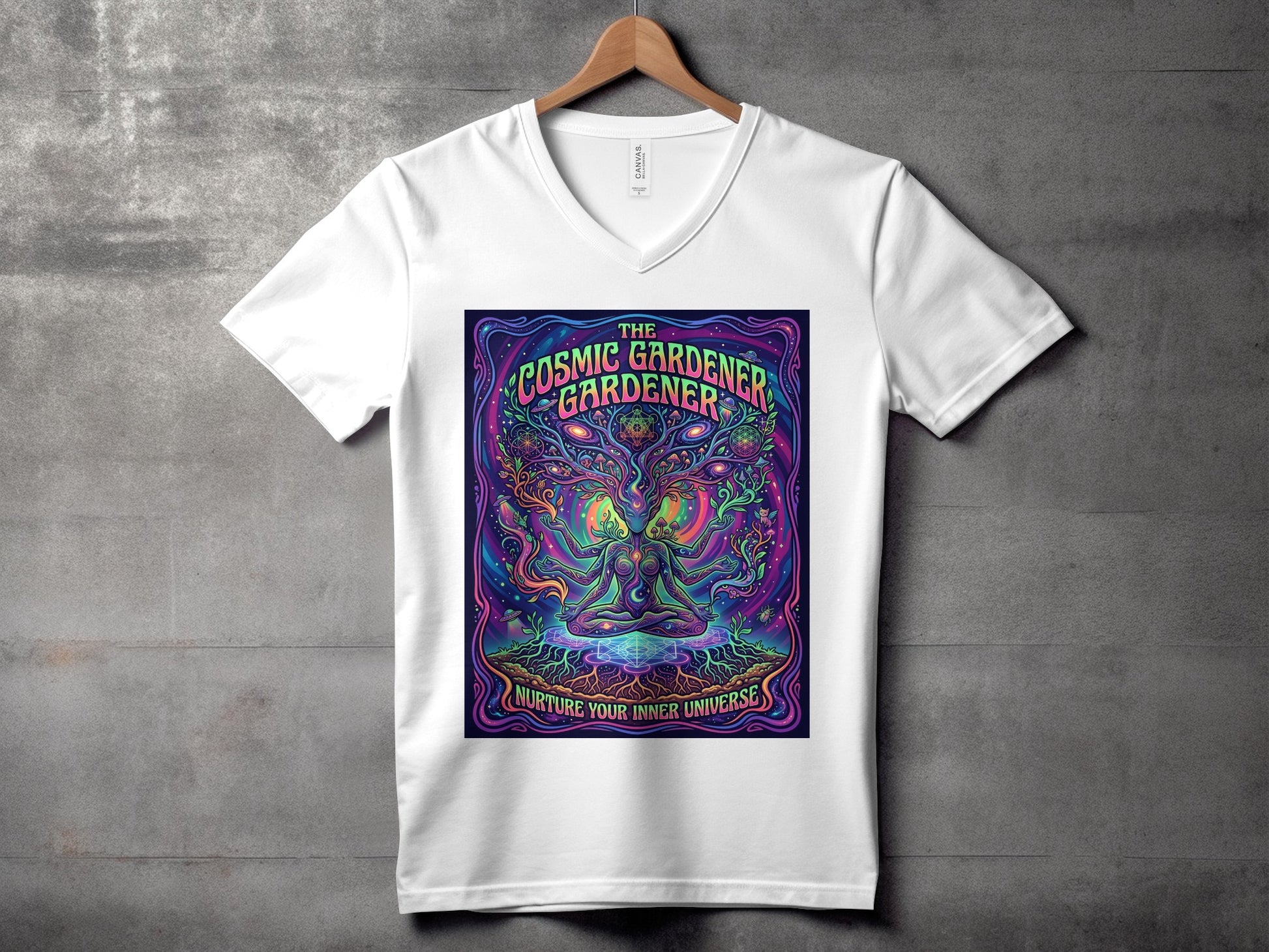 White t-shirt with "The Cosmic Gardener" and psychedelic tree artwork.