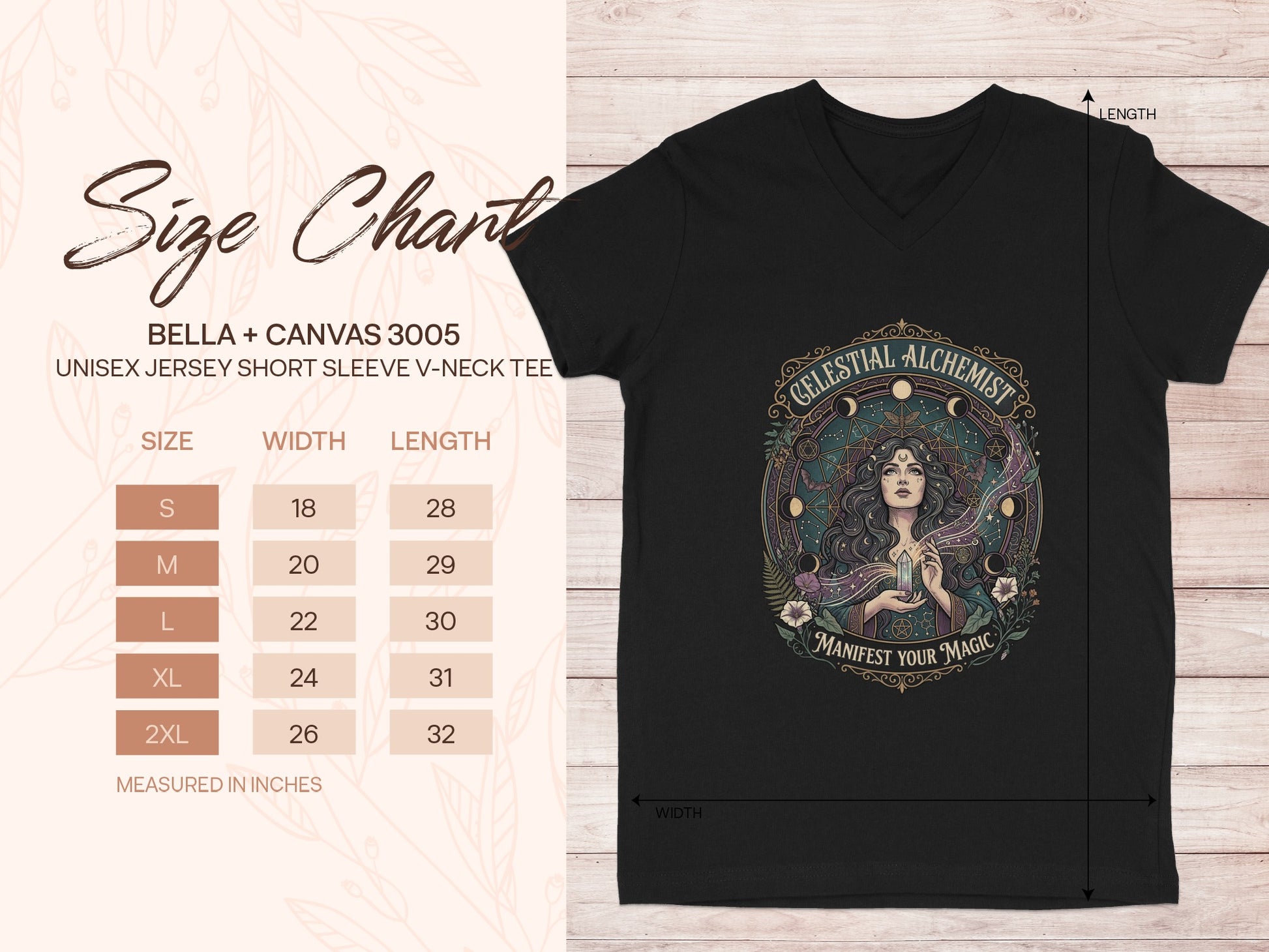 Bella+Canvas 3005 unisex v-neck tee size chart with dimensions.