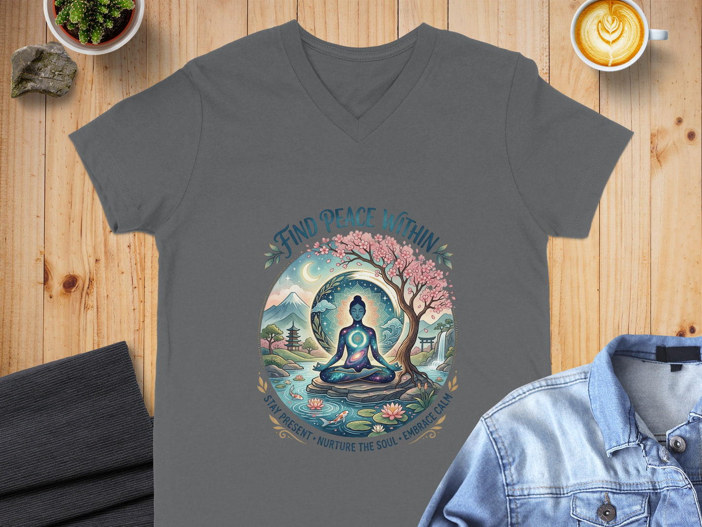 Gray v-neck t-shirt with "Find Peace Within" yoga graphic.