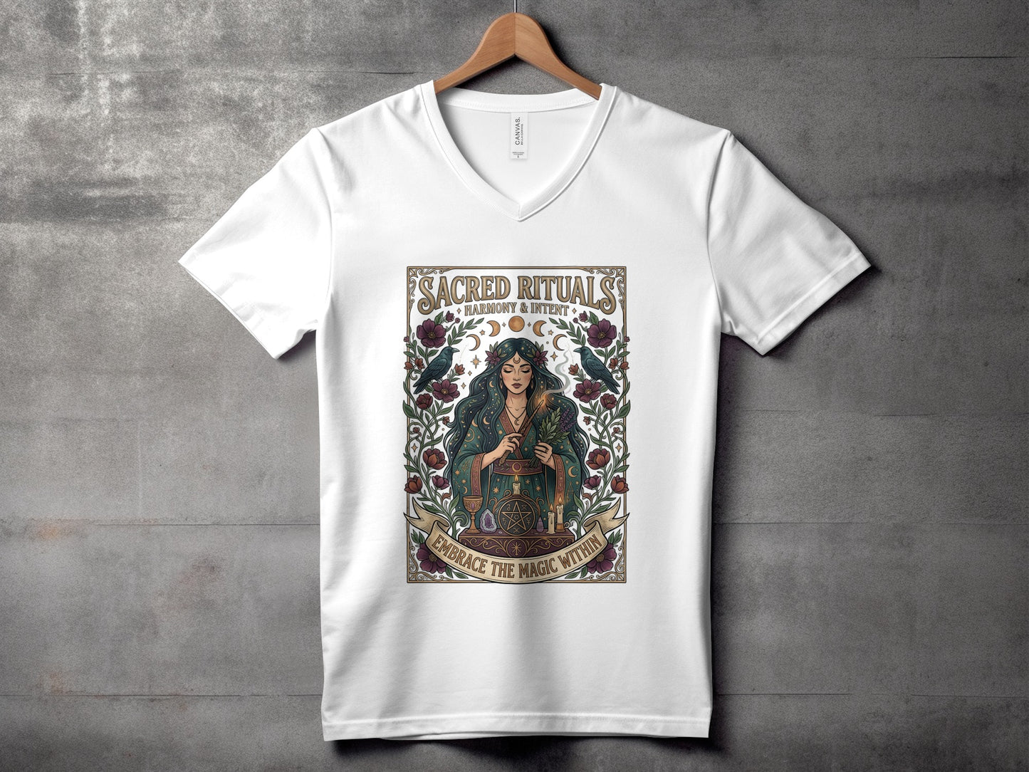 White t-shirt with "Sacred Rituals Harmony & Intent Embrace the Magic Within" graphic.