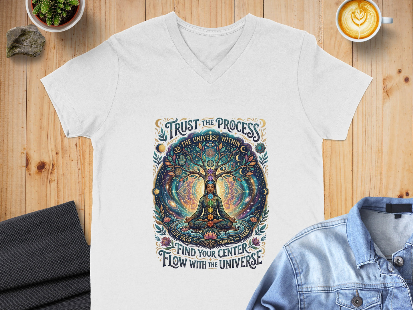 White v-neck t-shirt with mandala tree and celestial, inspirational text.