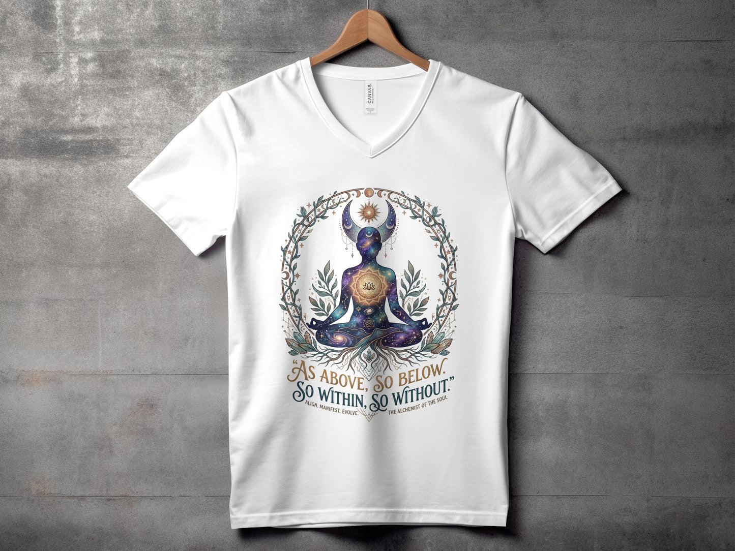 White t-shirt with cosmic yoga pose and "As above, so below" text.