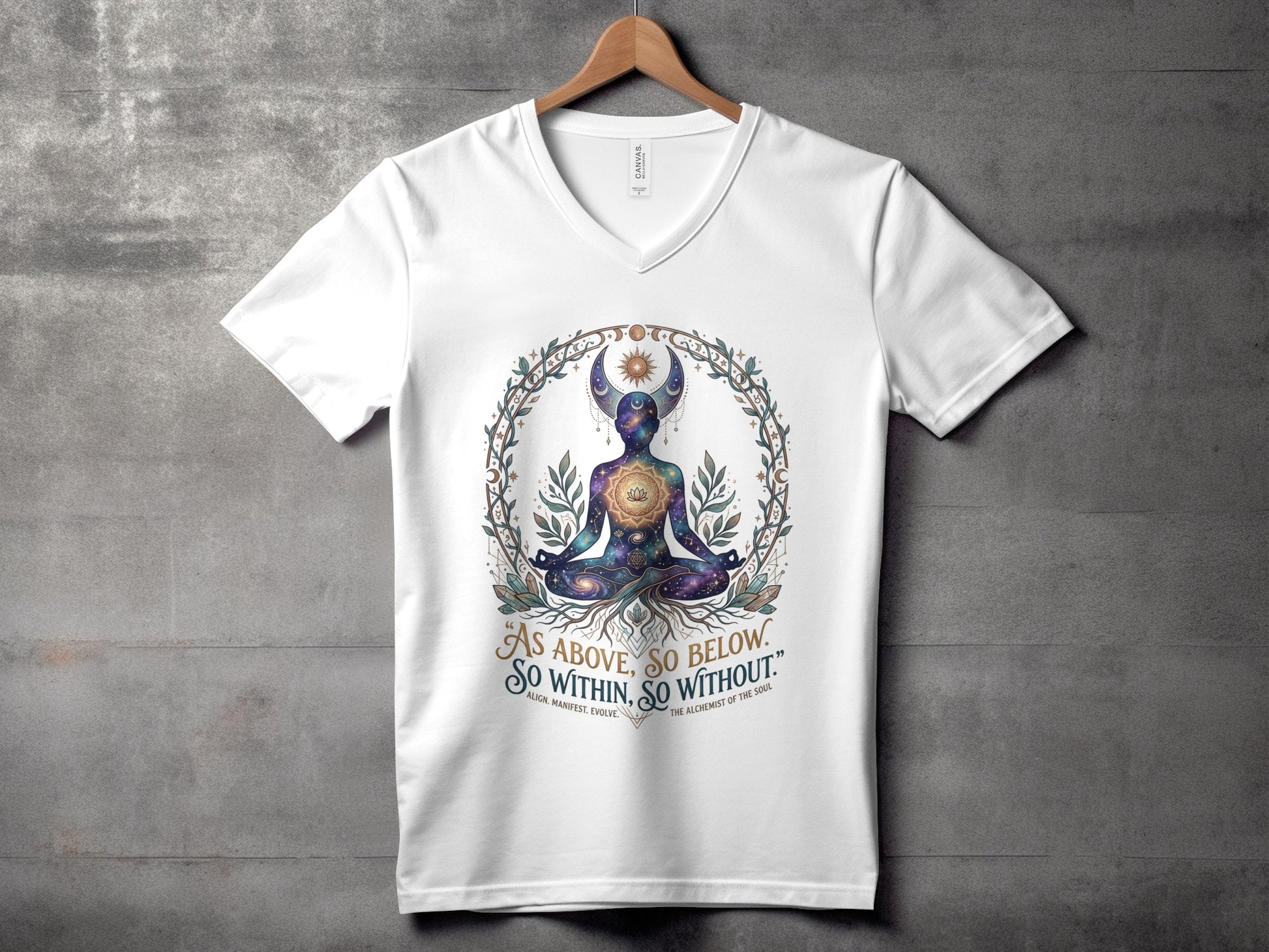White t-shirt with cosmic yoga pose and "As above, so below" text.
