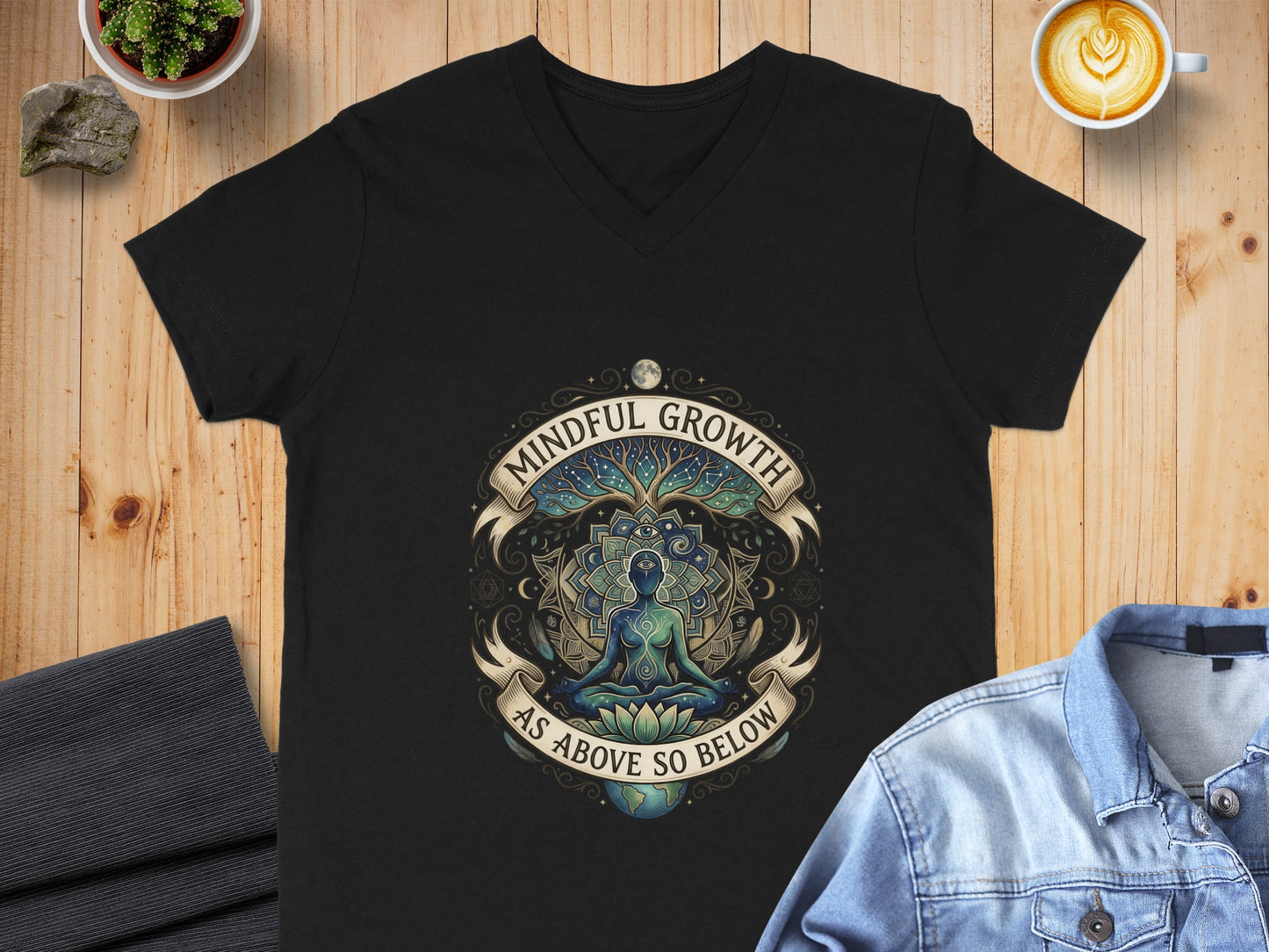 Black t-shirt with "Mindful Growth As Above So Below" yoga design.