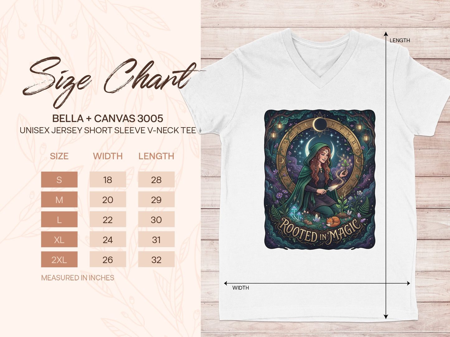 Bella + Canvas unisex v-neck tee size chart showing measurements in inches.