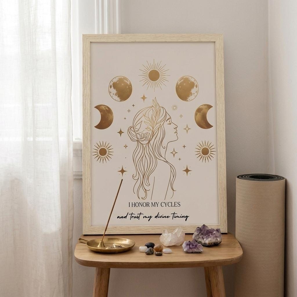 Spiritual Moon Phase Art, Divine Timing Affirmation Print, Boho Wall Decor (Digital Download)